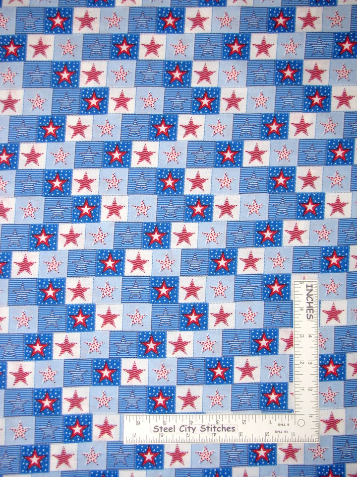 Patriótico Estrellas Rojas Azules Cuadrados Tela Estrella Rayas Punto Algodón Santee Por Yarda Foto 1 de 1