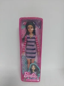Barbie Fashionistas Doll #147 Long Brunette Hair Wearing Striped Dress New - Picture 1 of 3