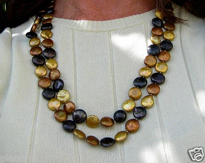 48" Designer Chocolate & Gold & Black Freshwater Coin Pearl Statement Necklace - Image 1 of 4