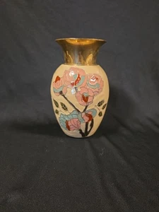 Vintage massive Messing Cloisonné Vase creme Emaille rosa/rot Blumen Indien 7 cm - Bild 1 von 9