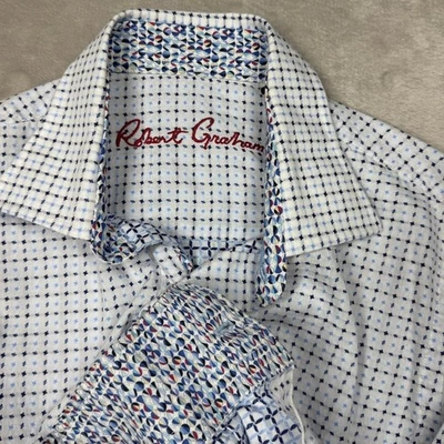 Camisa Robert Graham Niños Blanca Azul Marino Algodón Cuello Abotonado Talla Pequeña Foto 1 de 4
