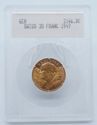 Gema de 20 francos de oro suizo B 1949 en antiguo soporte Blanchard - U2204 Foto 1 de 4