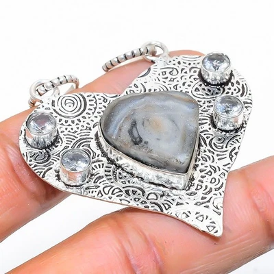 Ciondolo in argento sterling 925 con pietra preziosa topazio bianco druso ros... - Immagine 1 di 4