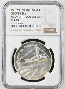 1967 Mexico Navy 50th Anniversary Grove-959a Medal MS 63 - Picture 1 of 2