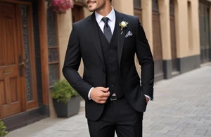 Men's Wedding Black 3 Piece Suit Slim Fit Groom Attire Elegant Coat Pant Vest - Picture 1 of 6