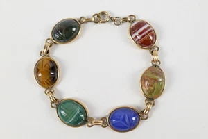 Vintage 12k Yellow Gold GF Multi Color Scarab Bracelet Egyptian Revival 7.25" - Picture 1 of 7