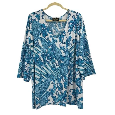 Camisa Bob Mackie Tejida Cachemira Azul 3X Top Tejido Líquido Artesanal Manga 3/4 Foto 1 de 4