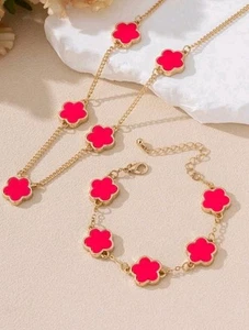 Clover Flower Jewellery Set Bracelet & Necklace Choice of Colour - Picture 1 of 31