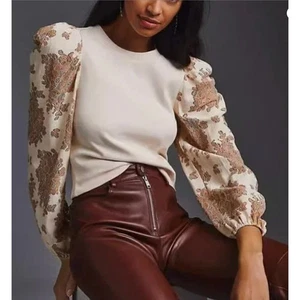 Top donna M Dolan Anthropologie manica a sbuffo pizzo romantico cottagecore - Foto 1 di 5