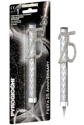 Candela Fiaccola 25 anni - Fontana per Torta con numero glitterato Argento - Immagine 1 di 2