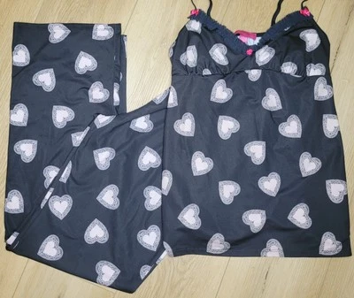 Betsey Johnson Intimates 2 Pc Camisole Pajama Set Black w/ Cream Hearts Sz: MED - Image 1 of 4