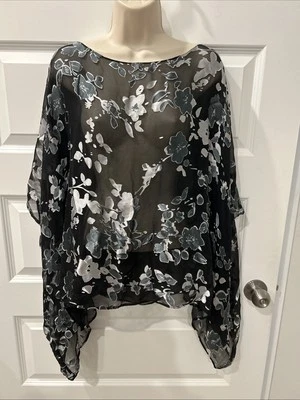 NEW CITIKNITS SZ L BLACK FLORAL PULLOVER KIMONO PONCHO SILK RAYON L5 - Image 1 of 4