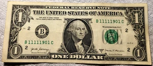 $1 Collectible note–Fancy Serial #11111901–5 in a Row! 6 of a Kind 1's – Rare - Picture 1 of 9
