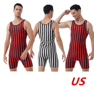 Mens Striped Wrestling Singlet Bodysuit Workout Athletic Gymnastics Jumpsuit - Picture 1 of 27