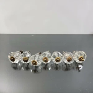 Antique Clear Glass Furniture Knobs Brass Accent Lot Of 7 - Picture 1 of 8