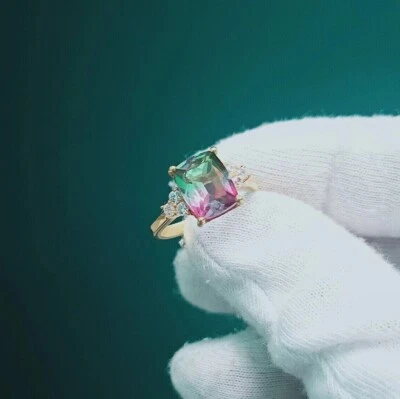 Anillo solitario de plata 925 en 14x10 mm octogón sandía turmalina creado en laboratorio Foto 1 de 4