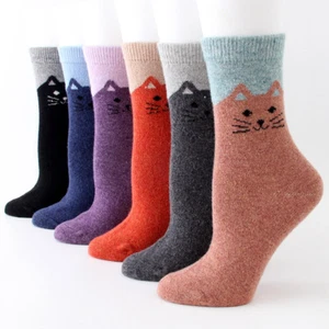 1/5 pairs Mongolia Cashmere woollen Cartoon Cat revers Women's Socks Pure Wool - Picture 1 of 14