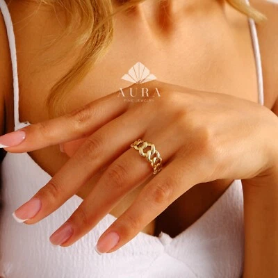 14K Gold Chain Ring, 9mm Cuban Link Ring, Thick Gold Wedding Band, Gold Link - Image 1 of 4