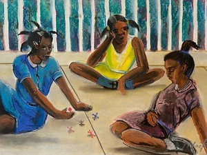 Quadro acquerello pastello originale arte popolare bambini che giocano afroamericano - Foto 1 di 15