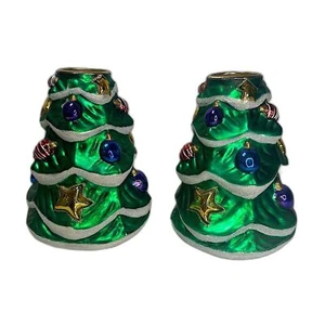 Vintage Stil handbemalter Keramik Weihnachtsbaum Kerzenhalter 2er Set - Bild 1 von 9