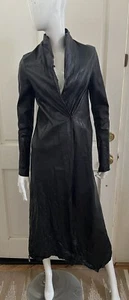 VINTAGE! 90's Unbranded Black Leather RARE! $1,600 Long Duster Coat Sz XS - Picture 1 of 11