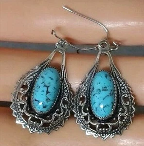 Vintage Faux Turquoise Glass Silver tone Filigree Pierced Pendant Drop Earrings - Picture 1 of 7