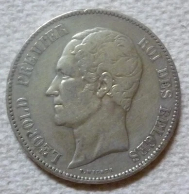 1850 BELGIUM - 5 FRANCS - LEOPOLD I - WITHOUT DOT ABOVE YEAR - .900 SILVER CROWN - Image 1 of 4