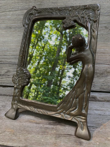 Vintage Art Deco Brass Vanity Table Top Boudoir Mirror Art Nouveau Lady Posing Cover