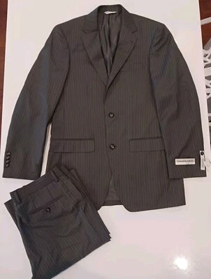 JHANE BARNES Charcoal Grey Pinstripe Suit 38 Long - Pants 32 W - 2 Button NWT . - Image 1 of 4