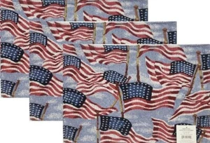 Set of 3 Tapestry Placemats, 13"x19" PATRIOTIC, USA, AMERICAN FLAGS ON BLUE, HC - Picture 1 of 10