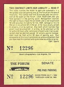 THE FORUM SENATE PRE-PAID PARKING TICKET July, 1 1984 - June, 30 1985 - Picture 1 of 2