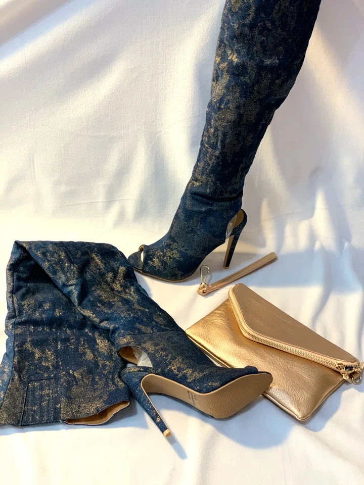 Sexy punta abierta hasta el muslo azul y dorado nuevo Foto 1 de 1