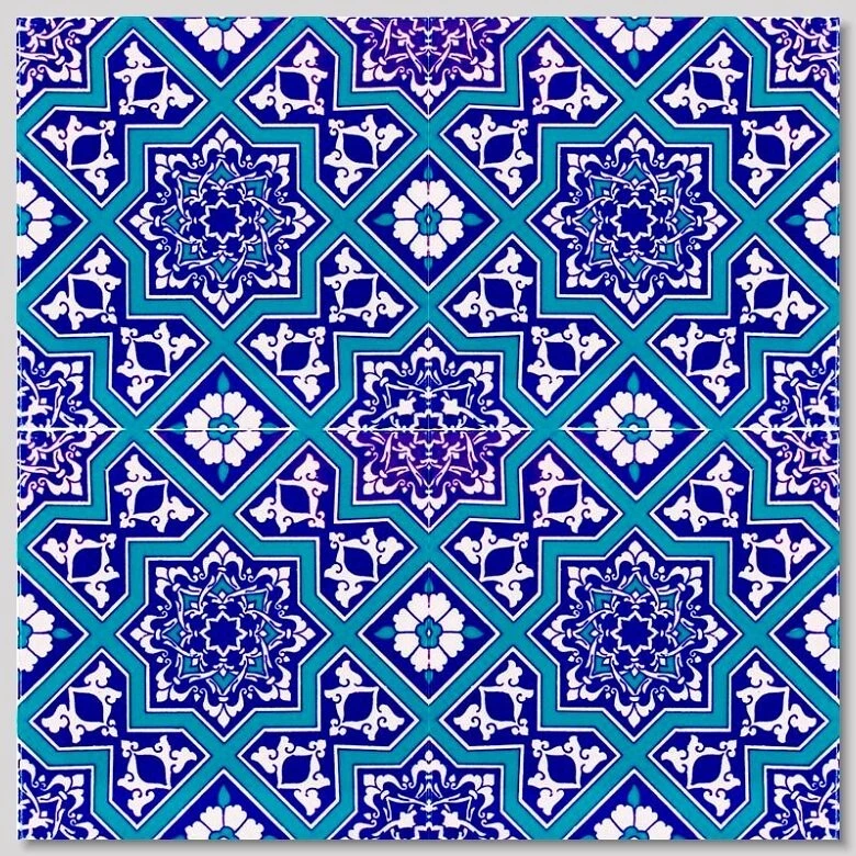 4 8"X8" (40cm x 40cm) Turkish Iznik Blue Floral & Geometric Pattern Ceramic Tile - Image 1 of 1