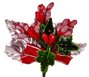 Christmas Corsage Red Berries Silver Foil Leaves Holly Glitter Vintage #1163 - Picture 1 of 6