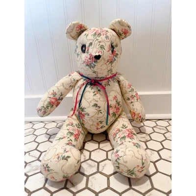 Tecido floral vintage ursinho de pelúcia 18 polegadas de altura decoração de quarto de bebê feito à mão chique gasto - Imagem 1 de 4
