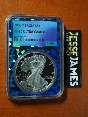 2000 P PROOF SILVER EAGLE NGC PF70 ULTRA CAMEO BLUE PRISM FOIL CORE - Image 1 of 2