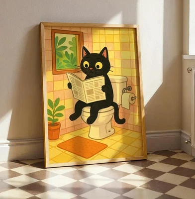 Funny Black Cat Wall Art – Quirky Bathroom Poster, Cat on Toilet Reading - Image 1 of 4