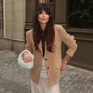 ZARA 100% SUEDE LEATHER BLAZER BEIGE POCKETS NEW SS25 SIZES L REF. 4341/824 - Picture 1 of 14