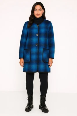 Nuevo Abrigo Chaqueta Bolsillos Soft Surroundings Azul Mezcla Lana a Cuadros Talla L Foto 1 de 4