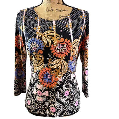 ETCETERA Women's Navy Floral Geometric Print Stretchy 3/4 Sleeve Blouse Top Sz S - Image 1 of 4