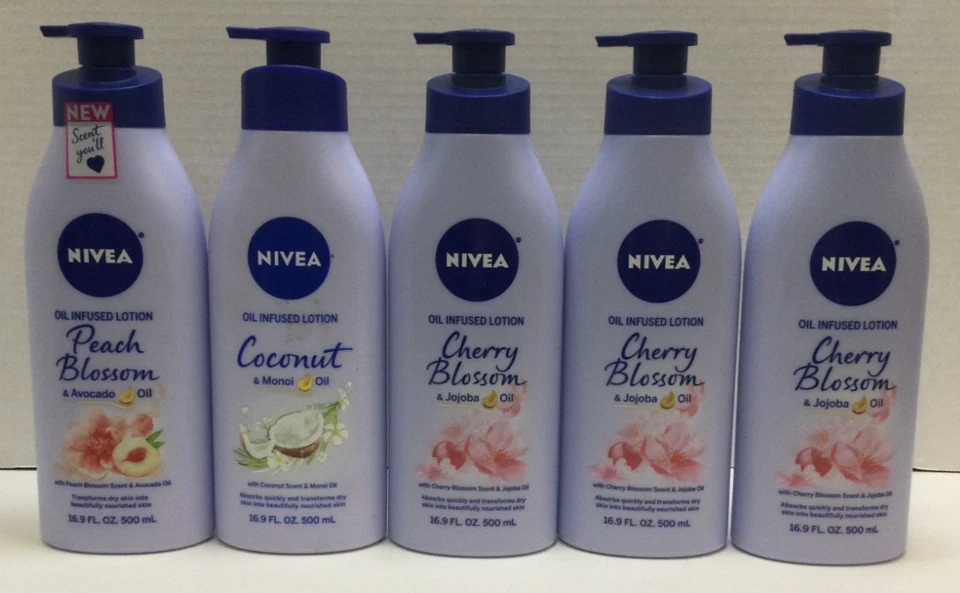 NIVEA Oil Infused Lotion Lot, Peach Blossom (1) Coconut (1) & Cherry Blossom (3) - Image 1 of 1