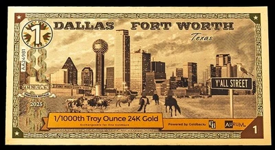 Billetes de polímero de oro 2025 Dallas, TX Texas 1/1000 Troy OZ 24KT .9999 Goldback Foto 1 de 2