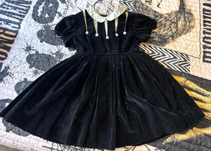 Vintage 60s Celeste New York Black Velvet Dress Puff Sleeve Peter Pan Collar 4/5 - Picture 1 of 8