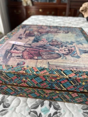 Victorian Wood Picture Puzzle Block Set Lithographed W/ 3 Double Sided Pictures - Image 1 of 4