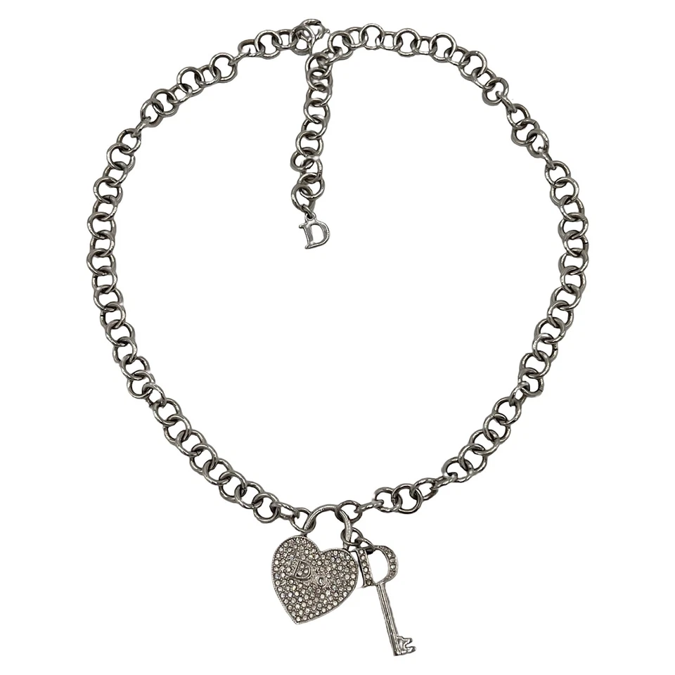 Collar Gargantilla Dior Plata Corazón Llave Logo Cristal Diamante Grueso De Colección Y2K Foto 1 de 4