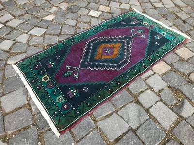 土耳其复古小地毯手工羊毛波西米亚浴垫地毯 1,8 x 3.5 英尺 — 第 1/4 张图片