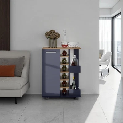 Carro Bar 32.3" H, 1 Puerta, 10 Estantes, Azul Alby / Roble Natural - Sala de estar Foto 1 de 4