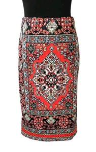 Chelsea & Theodore Skirt S Red Black White Blue Orange Knit Midi Pencil 4 6 NEW  - Picture 1 of 3