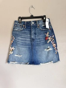 Abercrombie & Fitch NEW Distressed Denim Embroidered Mini Skirt Womens Size 24 - Picture 1 of 7