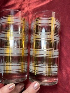 2-gold & White Plaid Culver Drinking Glasses Highball Tumblers 5.5” G85 - Picture 1 of 10